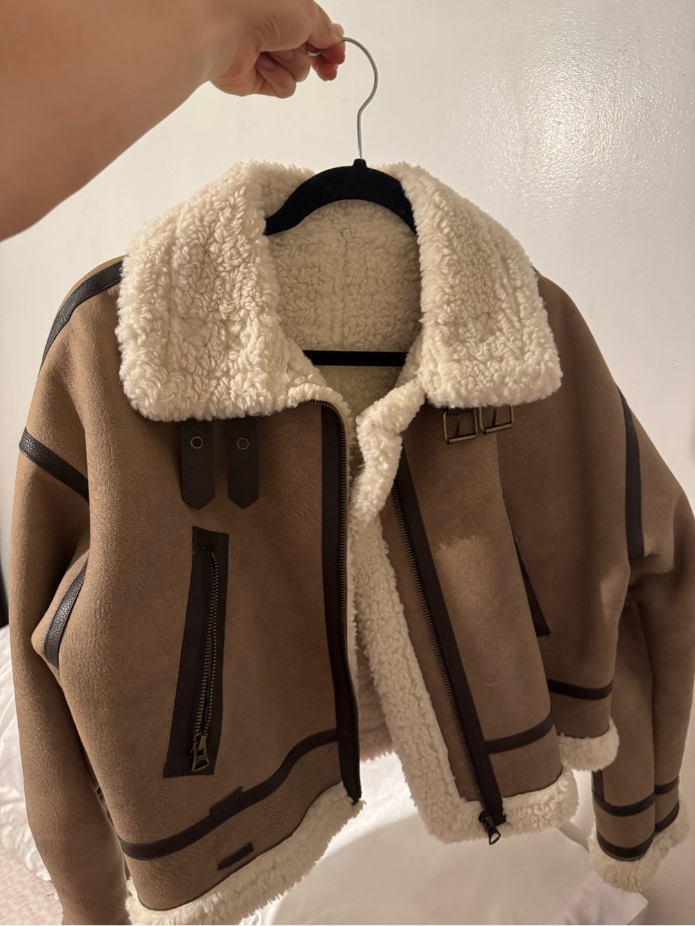Shearling-Lined Bomber Jacket - Cream Collar, Brown Body